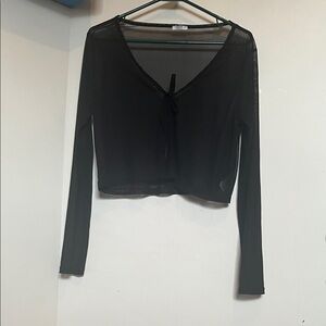 Ardene Black Sheer Tie-Front Cropped Long Sleeve Top
